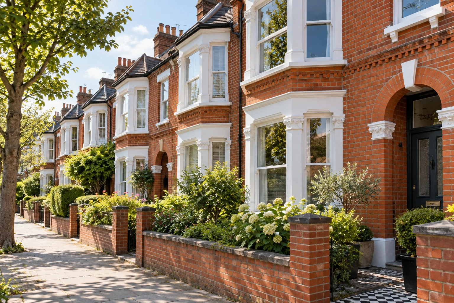 Welcoming British red-brick terraced homes with planted front gardens